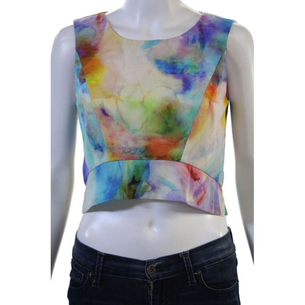 Black Halo Womens Cropped Sleeveless Blouse Multi-Color Zip Round Neck Size 4